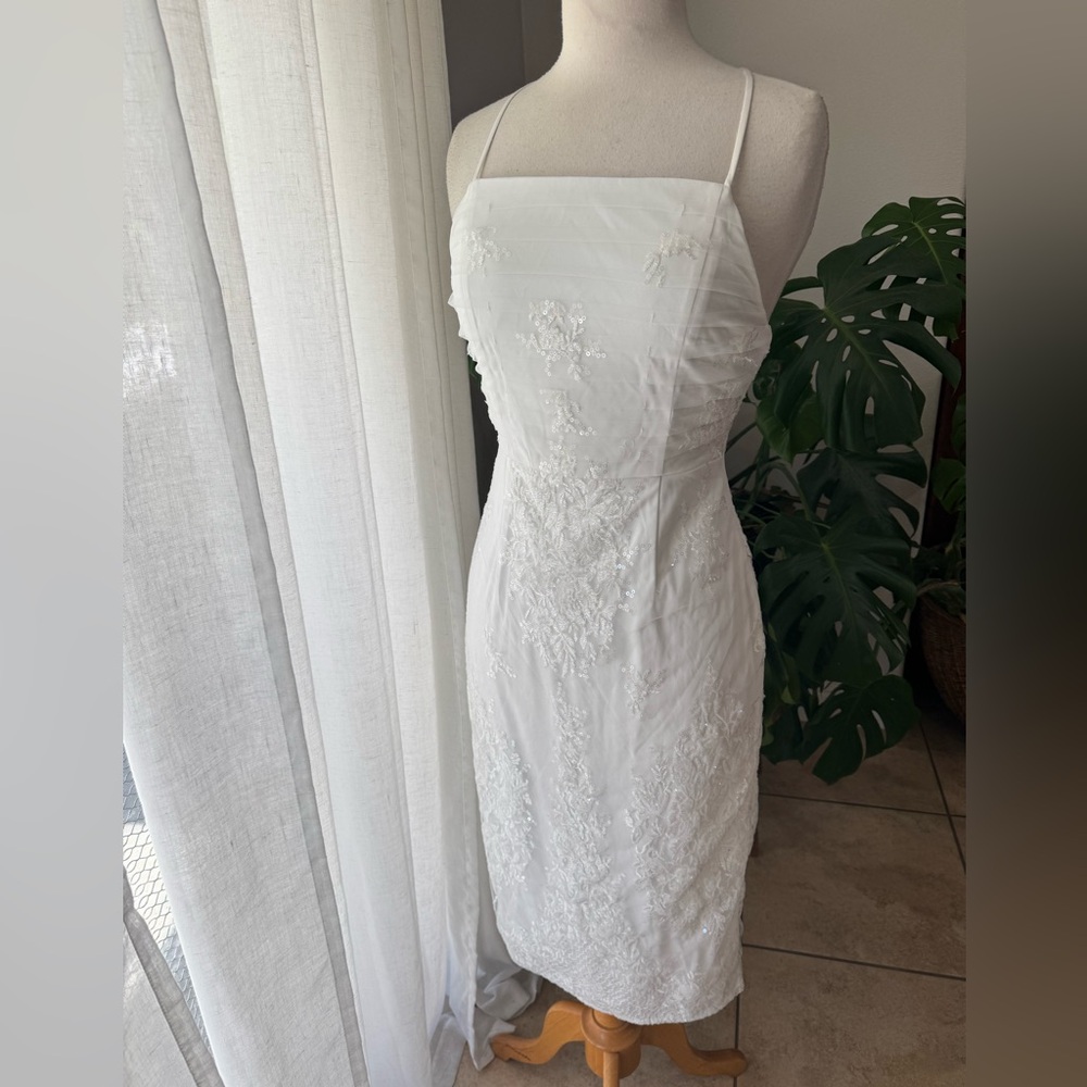 Lulus White Sequin Lace Midi‎ Dress – Square Neck, Lace-Up Back (S)